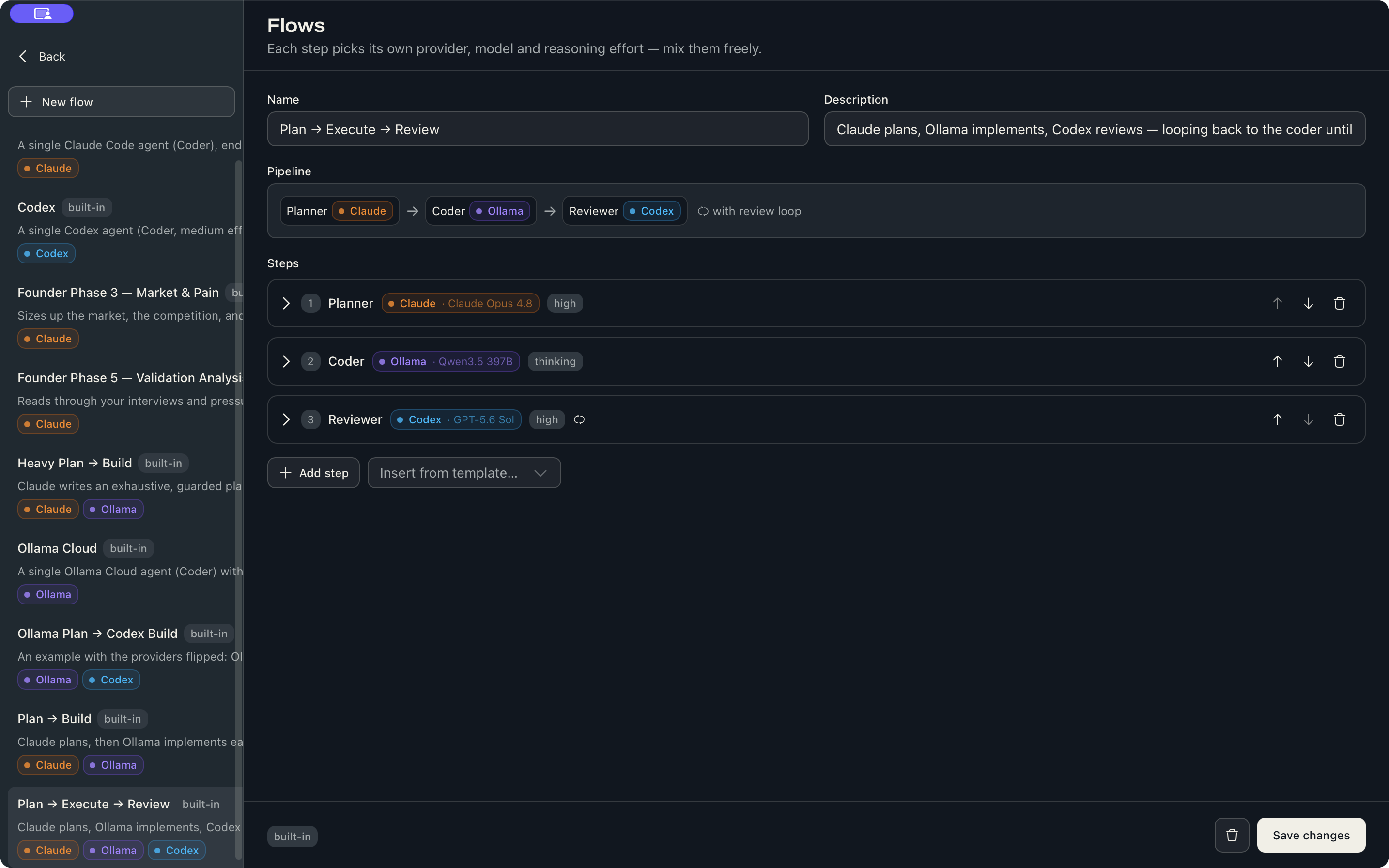 Motriz flow editor showing Claude planning, Ollama implementation, and Codex review with a review loop