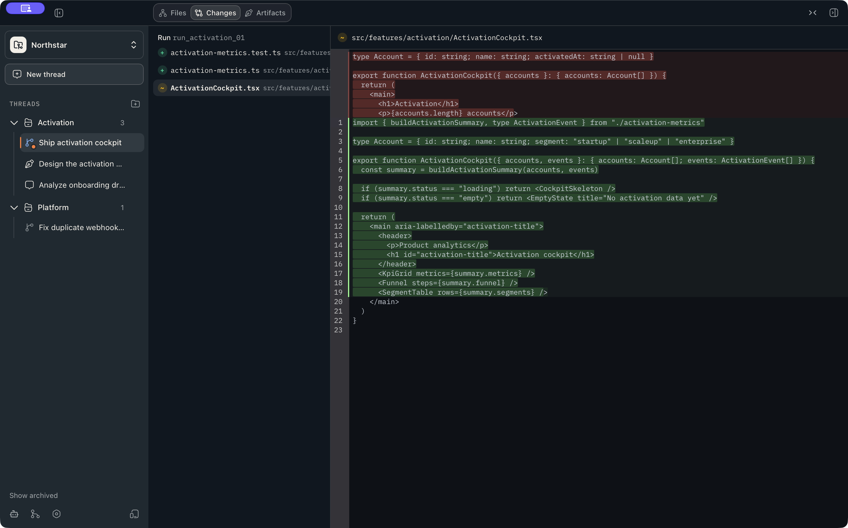 Motriz Changes workspace showing a reviewed TypeScript implementation diff