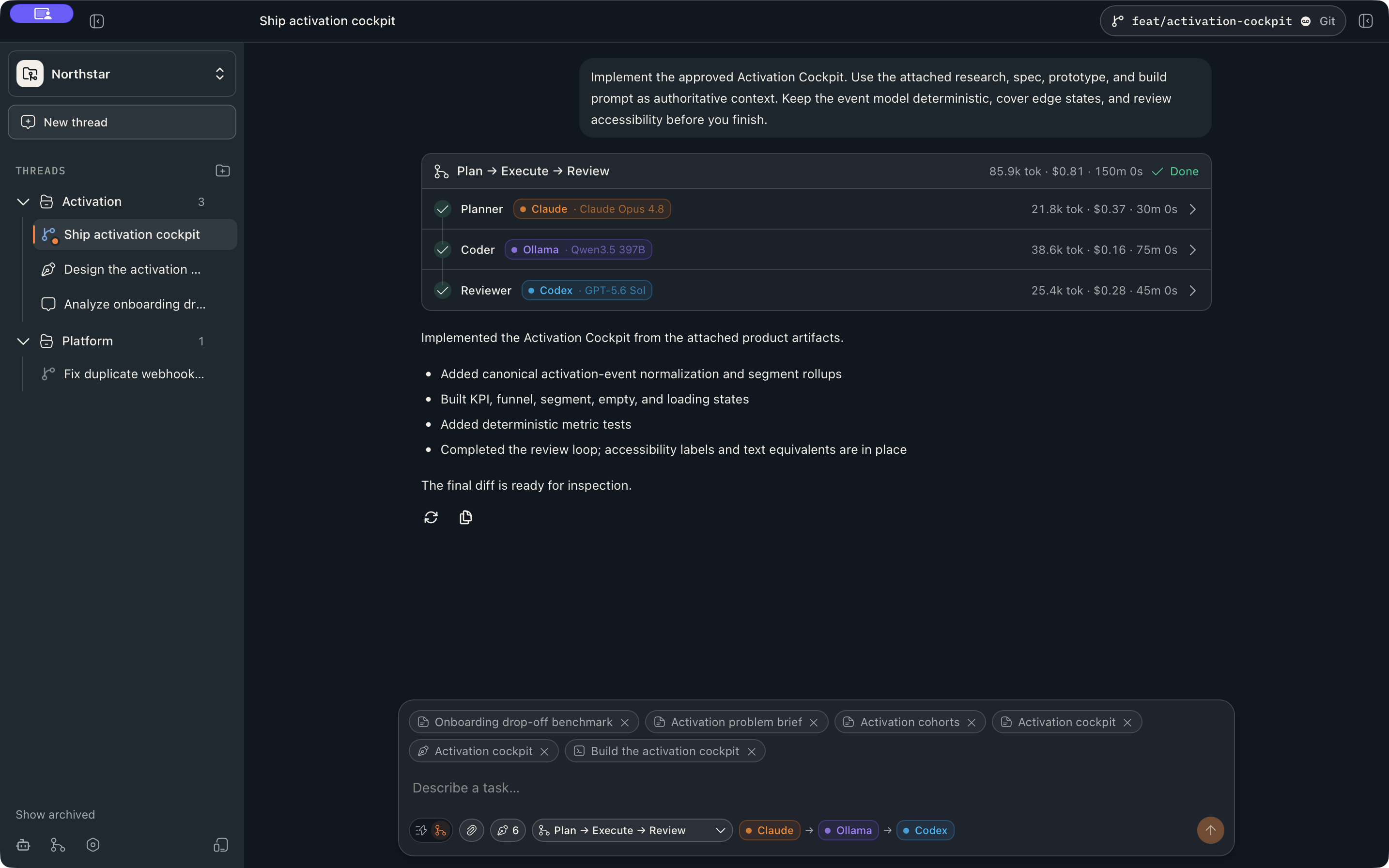 A Motriz build thread using attached research, briefs, specifications, a prototype, and a build prompt