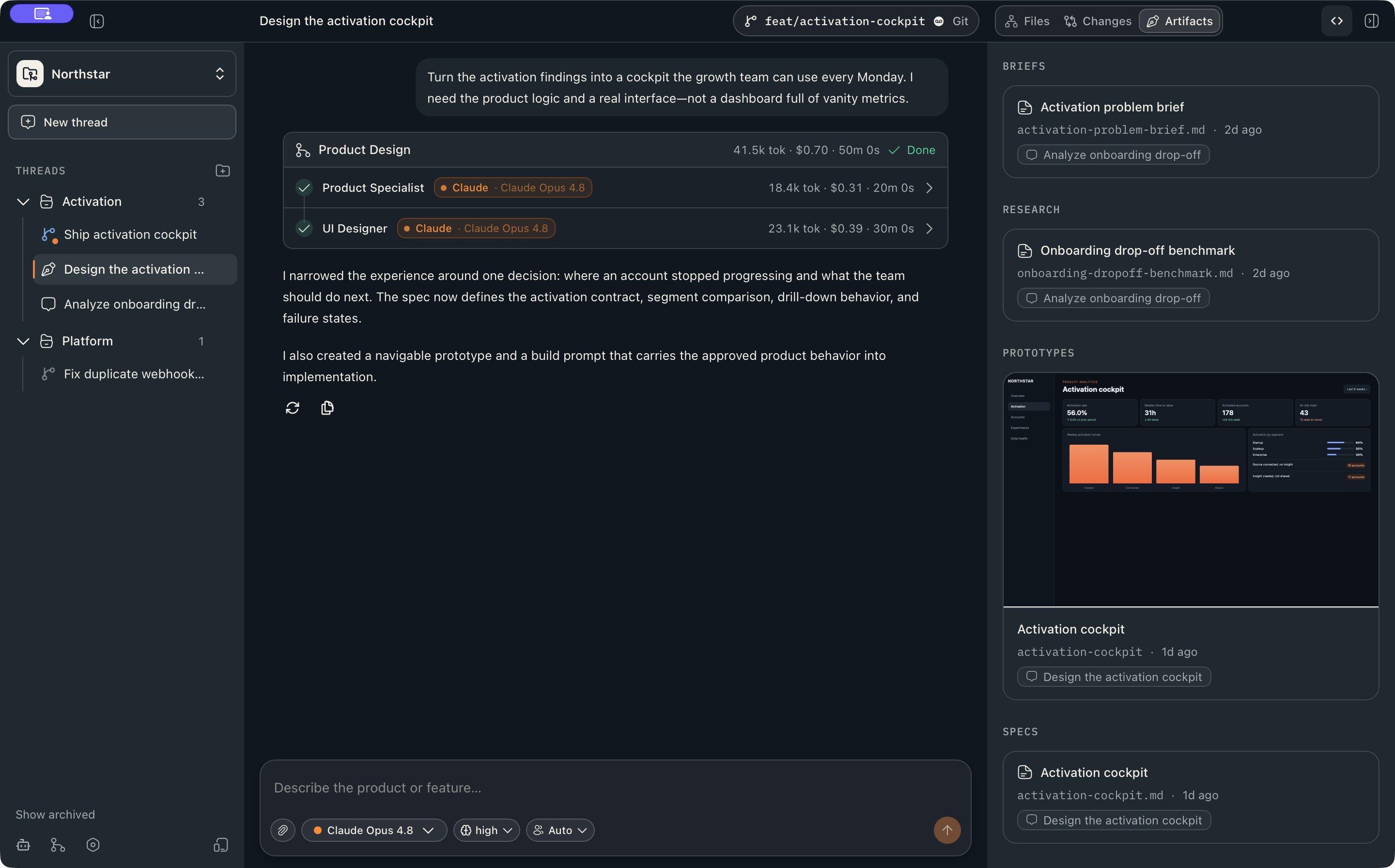 Motriz showing a Product Design conversation beside project research, briefs, a live prototype, and specifications