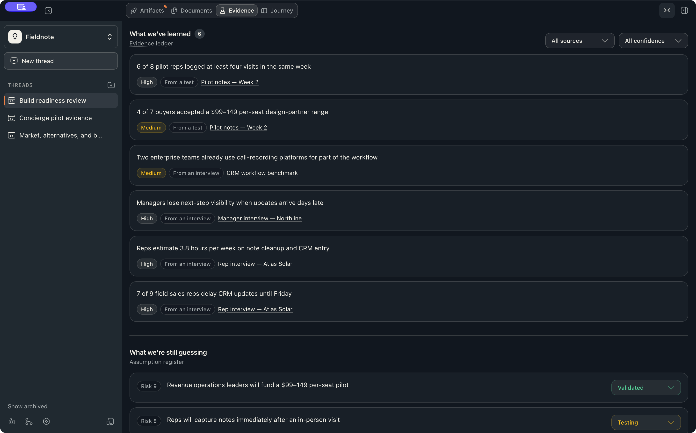 Motriz venture evidence ledger showing customer evidence, confidence, assumptions, and experiment status